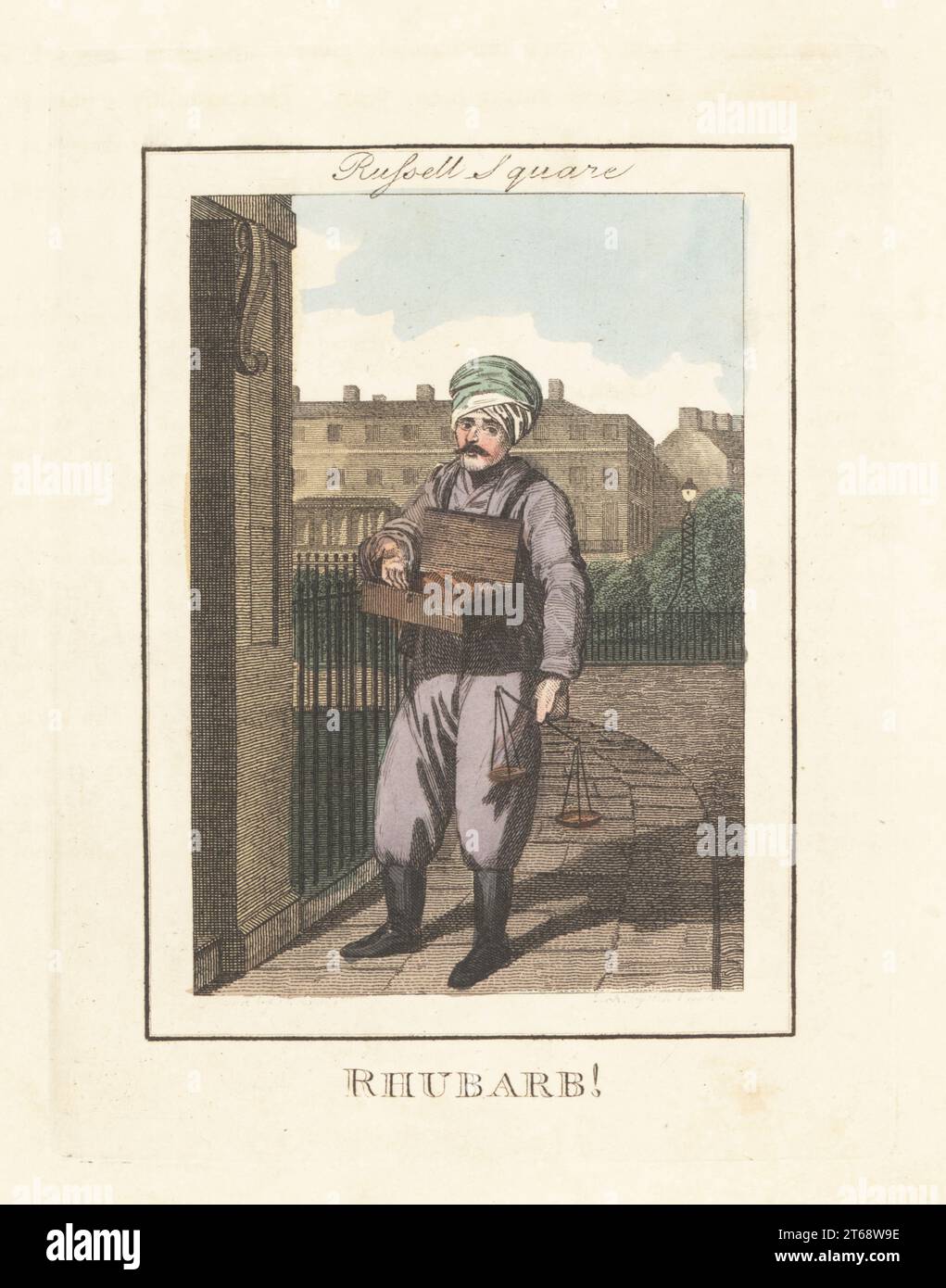 Turkish rhubarb seller on Russell Square. Turk in turban, jacket, harem pants and boots, holding scales and a box of medicinal rhubarb powder. In front of the railings around the garden in the new Russell Square. Handcoloured copperplate engraving by Edward Edwards after an illustration by William Marshall Craig from Description of the Plates Representing the Itinerant Traders of London, Richard Phillips, No. 71 St Pauls Churchyard, London, 1805. Stock Photo