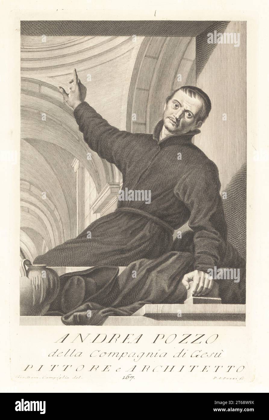 Andrea Pozzo, Italian Jesuit brother, Baroque painter, architect, decorator, stage designer, and art theoretician, 1642-1709. Painted the ceiling of the Church of Saint Ignatius of Loyola in Rome. Pittore. Copperplate engraving by Pietro Antonio Pazzi after Giovanni Domenico Campiglia after a self portrait by the artist from Francesco Moucke's Museo Florentino (Museum Florentinum), Serie di Ritratti de Pittori (Series of Portraits of Painters) stamperia Mouckiana, Florence, 1752-62. Stock Photo