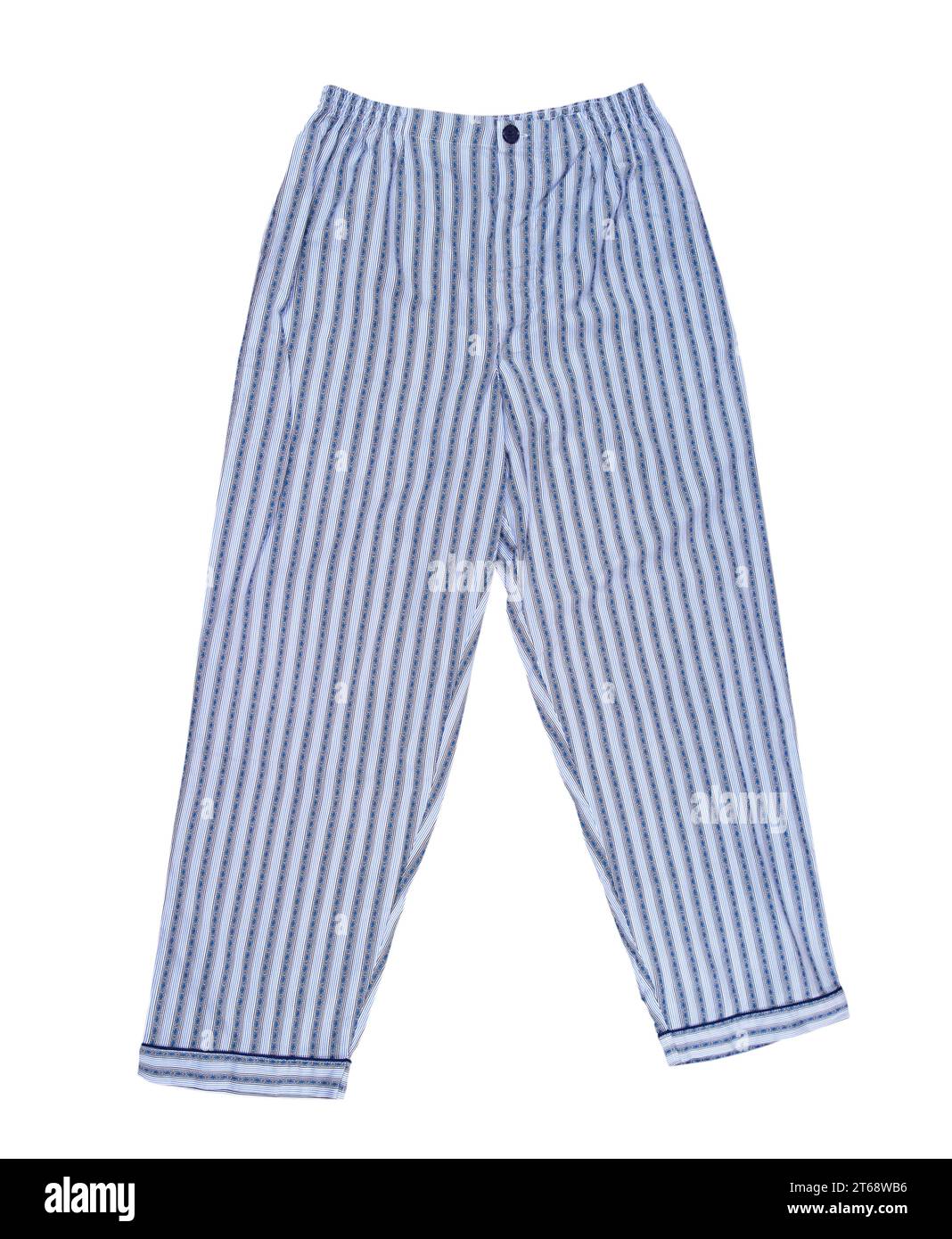 Striped pajama pants of blue color from isolated on white, top view ...