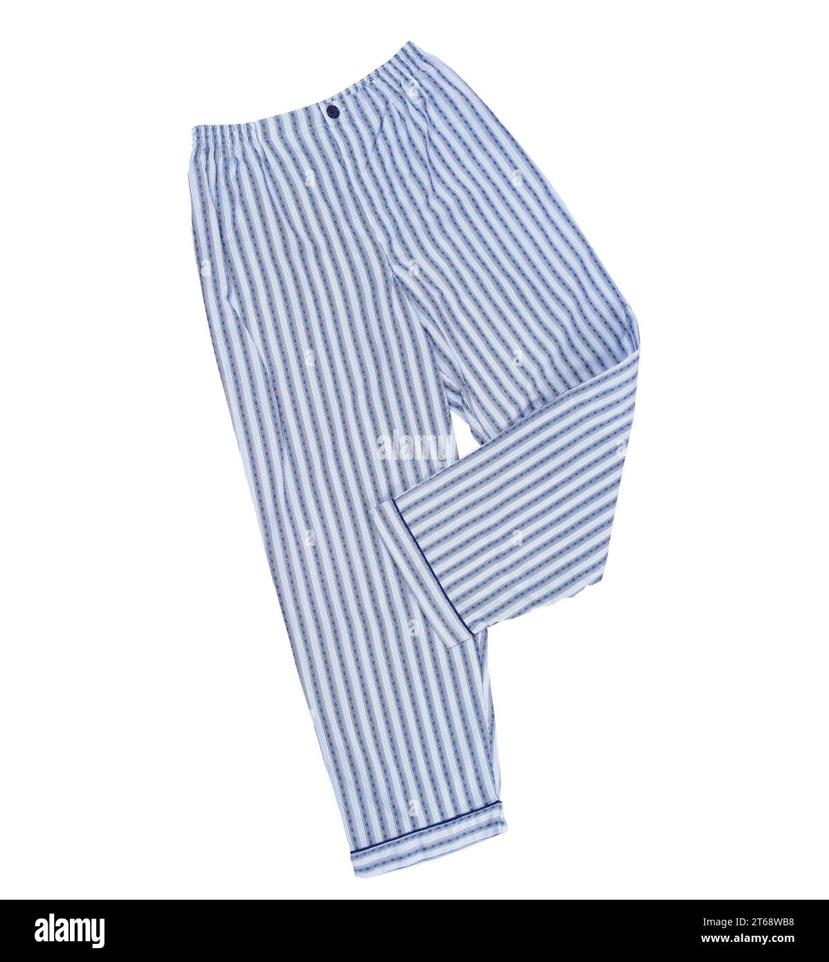 Striped pajama pants of blue color from isolated on white, top view ...
