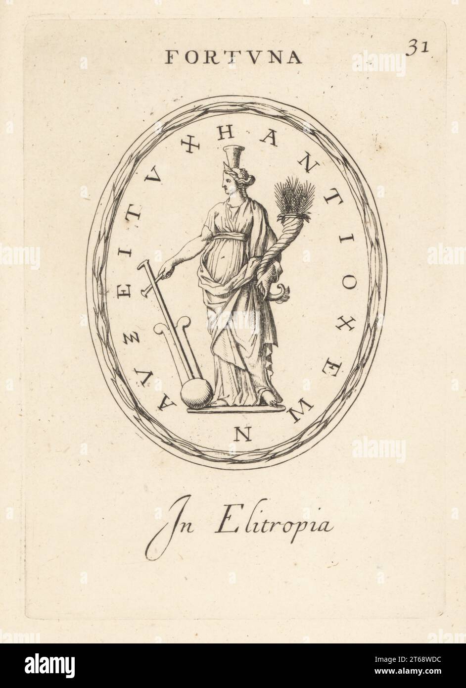 Allegorical figure of Fortune of Antioch in heliotrope. Tyche, goddess of Fortune, in mural crown, holding the Horn of Amalthea, filled with wheat. In heliotrope. Fortuna d'Antiochia, in elitropia. Copperplate engraving by Giovanni Battista Galestruzzi after Leonardo Agostini from Gemmae et Sculpturae Antiquae Depicti ab Leonardo Augustino Senesi, Abraham Blooteling, Amsterdam, 1685. Stock Photo