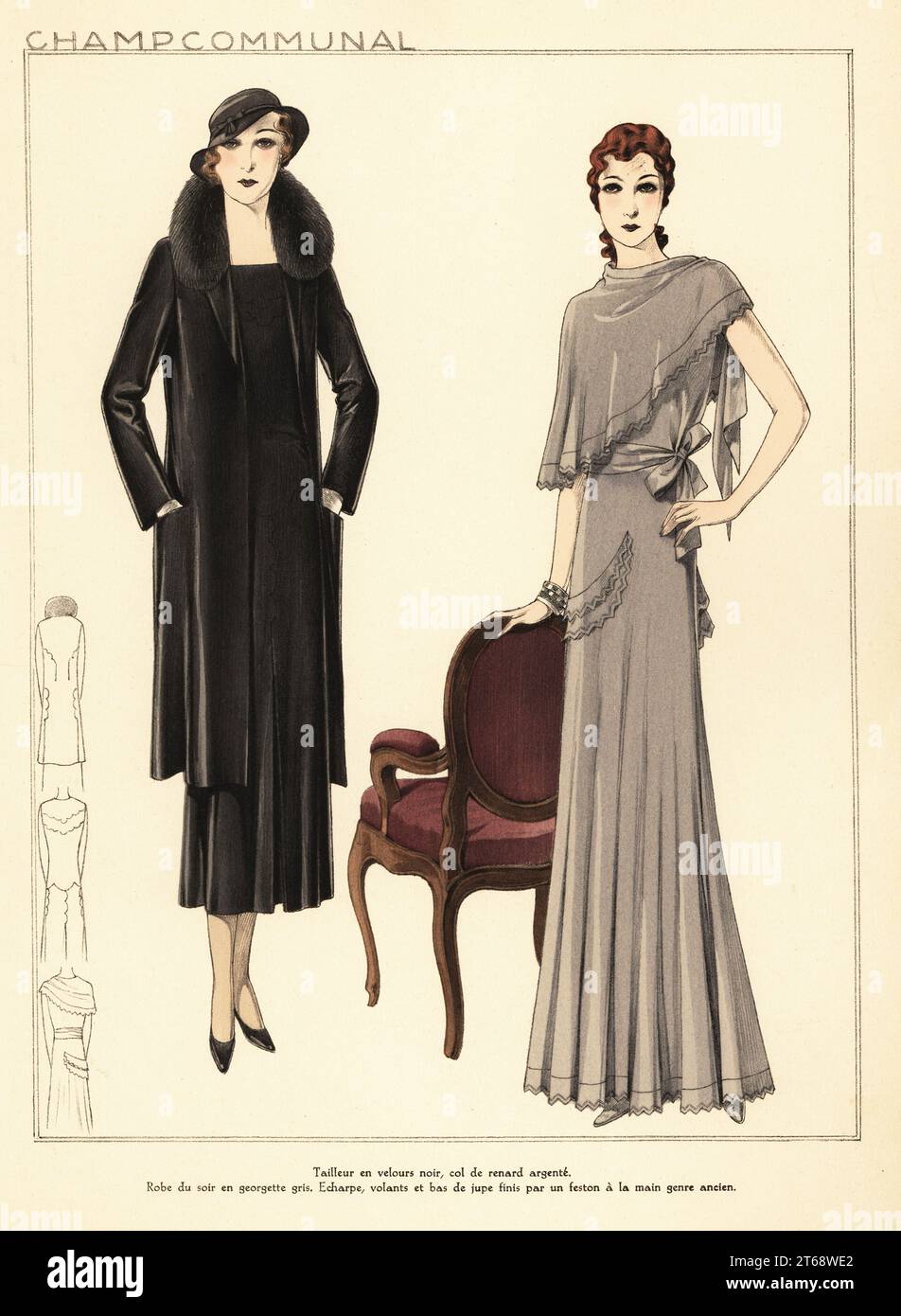 Woman in black velvet suit with silver fox collar. Woman in evening dress in grey georgette. Scarf, ruffles and skirt hem finished in an antique style. Marcel wave bob hairstyles. Fashion designs by Elspeth Champcommunal. Handcoloured pochoir lithograph from La Grande Couture, Creations pour la Femme Mondaine, Atelier Bachwitz, publisher of Chic Parisien, Vienna, September, 1931. Stock Photo