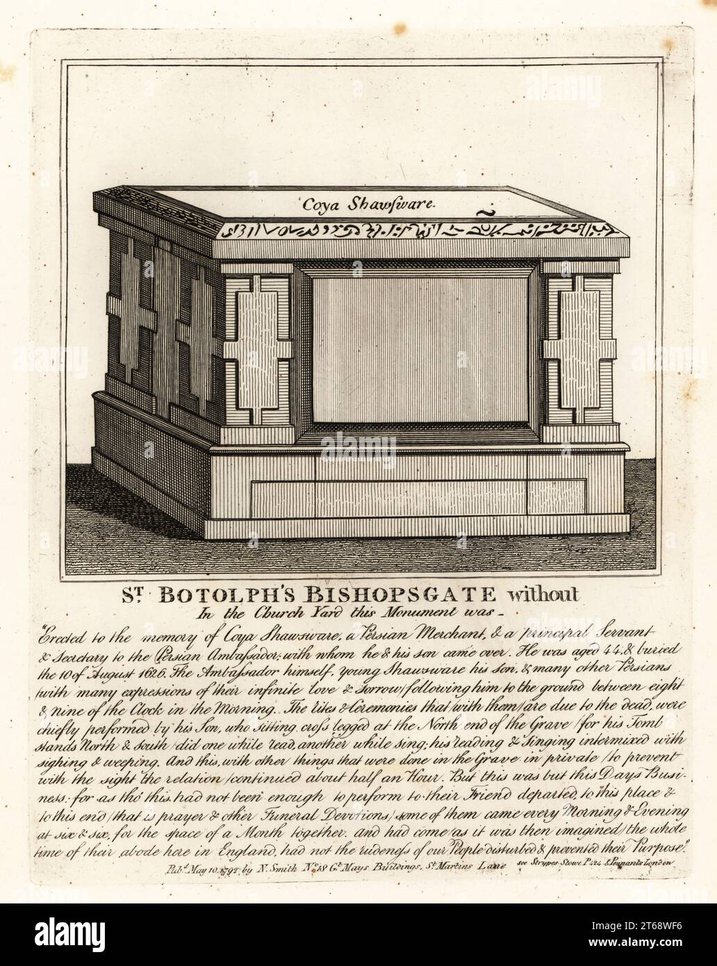 Muslim altar-style grave monument to Coya Shawsware, or Khwaja Shahsuwar (1582-1626), a merchant and secretary to Nogdi beg the Persian embassador, formerly in St Botolphs, Bishopsgate. Copperplate engraving by John Thomas Smith after original drawings by members of the Society of Antiquaries from his J.T. Smiths Antiquities of London and its Environs, J. Sewell, R. Folder, J. Simco, London, 1792. Stock Photo