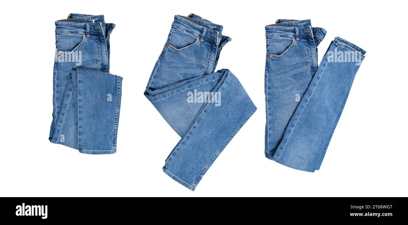 Denim set isolated, folded blue jeans pants collage over white Stock Photo