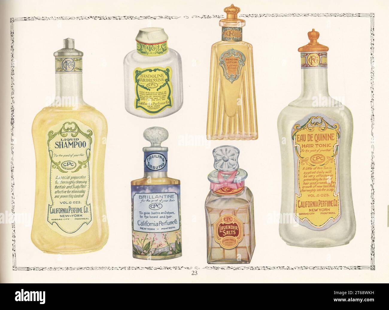 CPC brand cosmetics from 1927. Bottle of Liquid Shampoo, Brillantine, Bandoline hair dressings, Benzoin Lotion, Lavender Salts, and Eau de Quinine hair tonic. Chromolithograph by an unknown artist from the California Perfume Company (later Avon) product catalog, New York, Kansas, Montreal, 1927. Stock Photo
