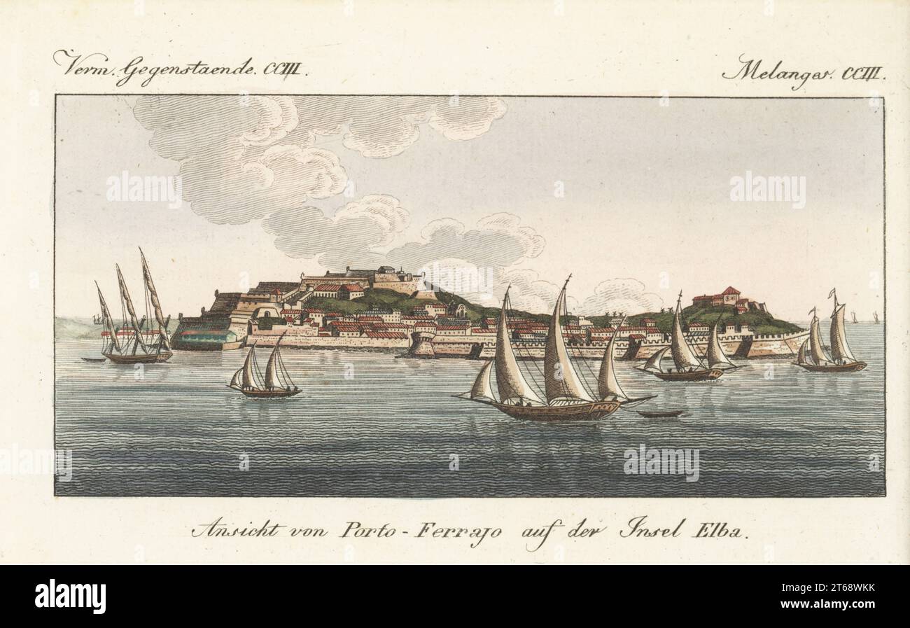 View of the town of Portoferraio on the island of Elba, Tuscany, Italy. With Fort Stella, Fort Falcone and the government house where Napoleon Bonaparte was exiled in 1814. Ansicht von Porto-Ferrajo auf der Insel Elba. Handcoloured copperplate engraving from Carl Bertuch's Bilderbuch fur Kinder (Picture Book for Children), Weimar, 1815. A 12-volume encyclopedia for children illustrated with almost 1,200 engraved plates on natural history, science, costume, mythology, etc., published from 1790-1830. Stock Photo