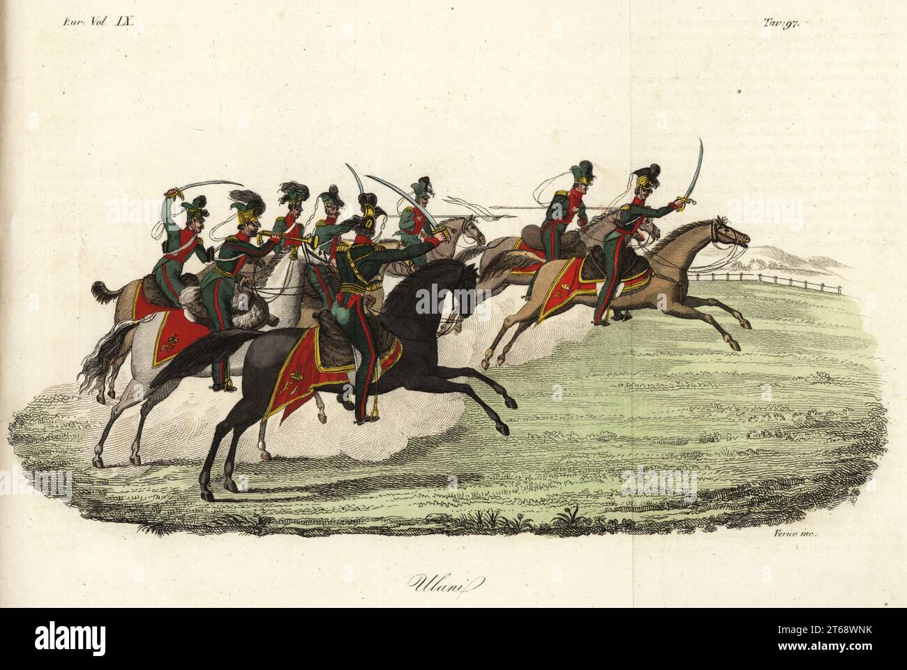 Lancers or Uhlan light cavalry in the (German) Imperial Army, 19th century. Ulani. Handcoloured copperplate engraving by Antonio Verico from Giulio Ferrarios Costumes Ancient and Modern of the Peoples of the World, Il Costume Antico e Moderno, Florence, 1844. Stock Photo