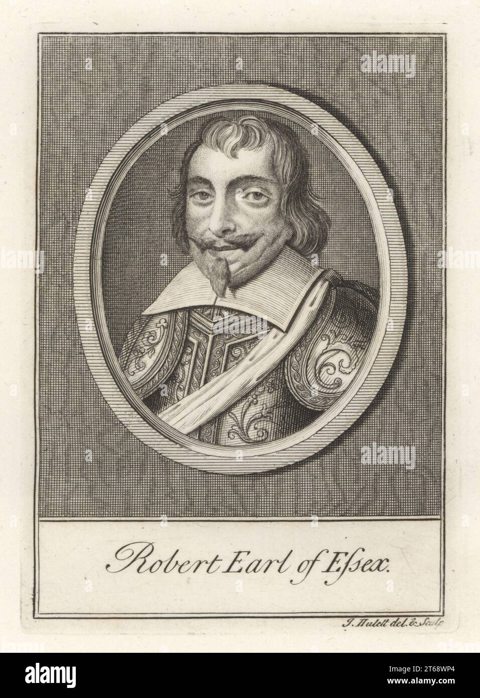 Robert Devereux, 3rd Earl of Essex, Parliamentary general, 1591-1646. Bareheaded with goatee beard, engraved breastplate and shoulder armour, collar and sash. Drawn and engraved by James Hulett. Copperplate engraving from Samuel Woodburns Gallery of Rare Portraits Consisting of Original Plates, George Jones, 102 St Martins Lane, London, 1816. Stock Photo