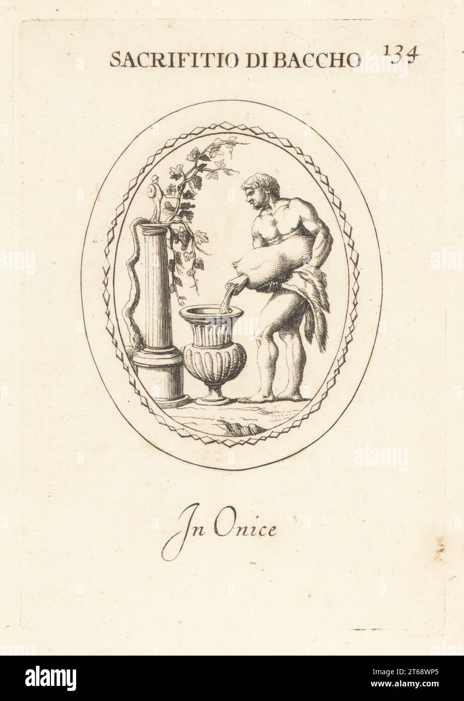 A rustic sacrifice to Bacchus, the Roman god of wine. A farmer pours wine into a vase or carchesium consecrated to Bacchus. Altar with grapes on a vine. In onyx. Sacrifitio di Baccho. In Onice. Copperplate engraving by Giovanni Battista Galestruzzi after Leonardo Agostini from Gemmae et Sculpturae Antiquae Depicti ab Leonardo Augustino Senesi, Abraham Blooteling, Amsterdam, 1685. Stock Photo