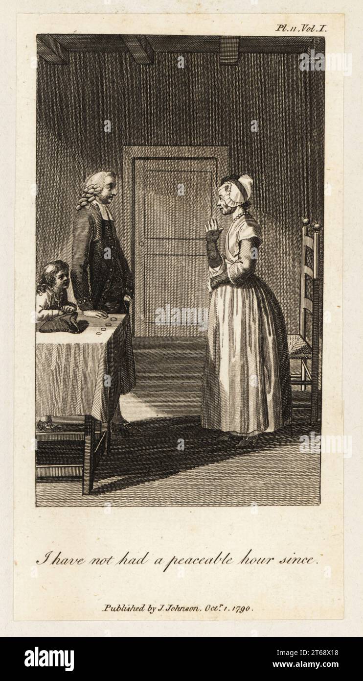 A country woman and a curate talking in a parlour. Betty cries as the curate accuses her of the sin of envy. I have not had a peaceable hour since. Pl. 11, Vol. 1. Copperplate engraving by William Blake after an illustration by Daniel Nikolaus Chodowiecki from Mary Wollstonecraft's translation of Christian Gotthilf Salzmann's Elements of Morality, London, 1791. Stock Photo