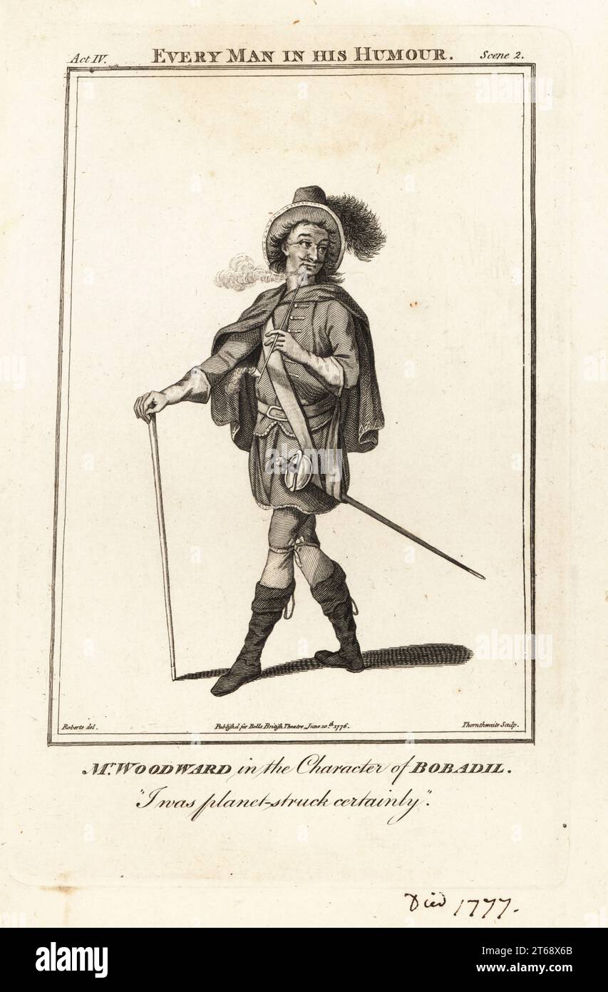 Mr Henry Woodward in the character of Bobadil in Ben Jonsons Every Man in his Humour. Woodward was an English actor famous for comedy roles, 1714-1777. Copperplate engraving by J. Thornthwaite after an illustration by James Roberts from Bells British Theatre, Consisting of the most esteemed English Plays, John Bell, London, 1776. Stock Photo