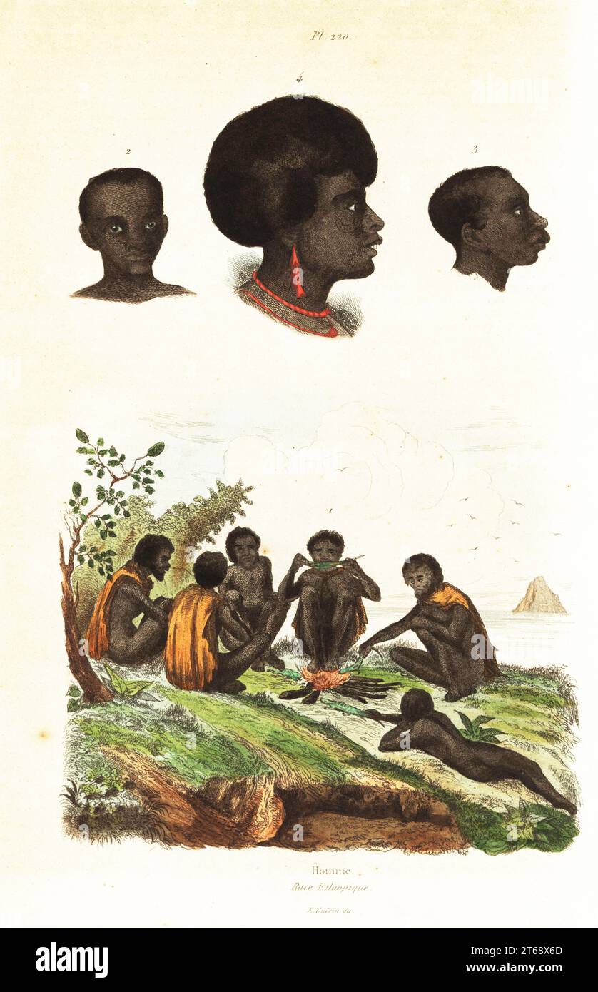 Australian Aborigines grilling lizards on an open fire, Sydney Cove and Paramatta, Alfourous australasien 1, and heads of natives of Waigeo, West Papua, Indonesia, 2-4.. Homme: Race ethiopique. Handcoloured steel engraving after an illustration by Adolph Fries from Felix-Edouard Guerin-Meneville's Dictionnaire Pittoresque d'Histoire Naturelle (Picturesque Dictionary of Natural History), Paris, 1834-39. Stock Photo
