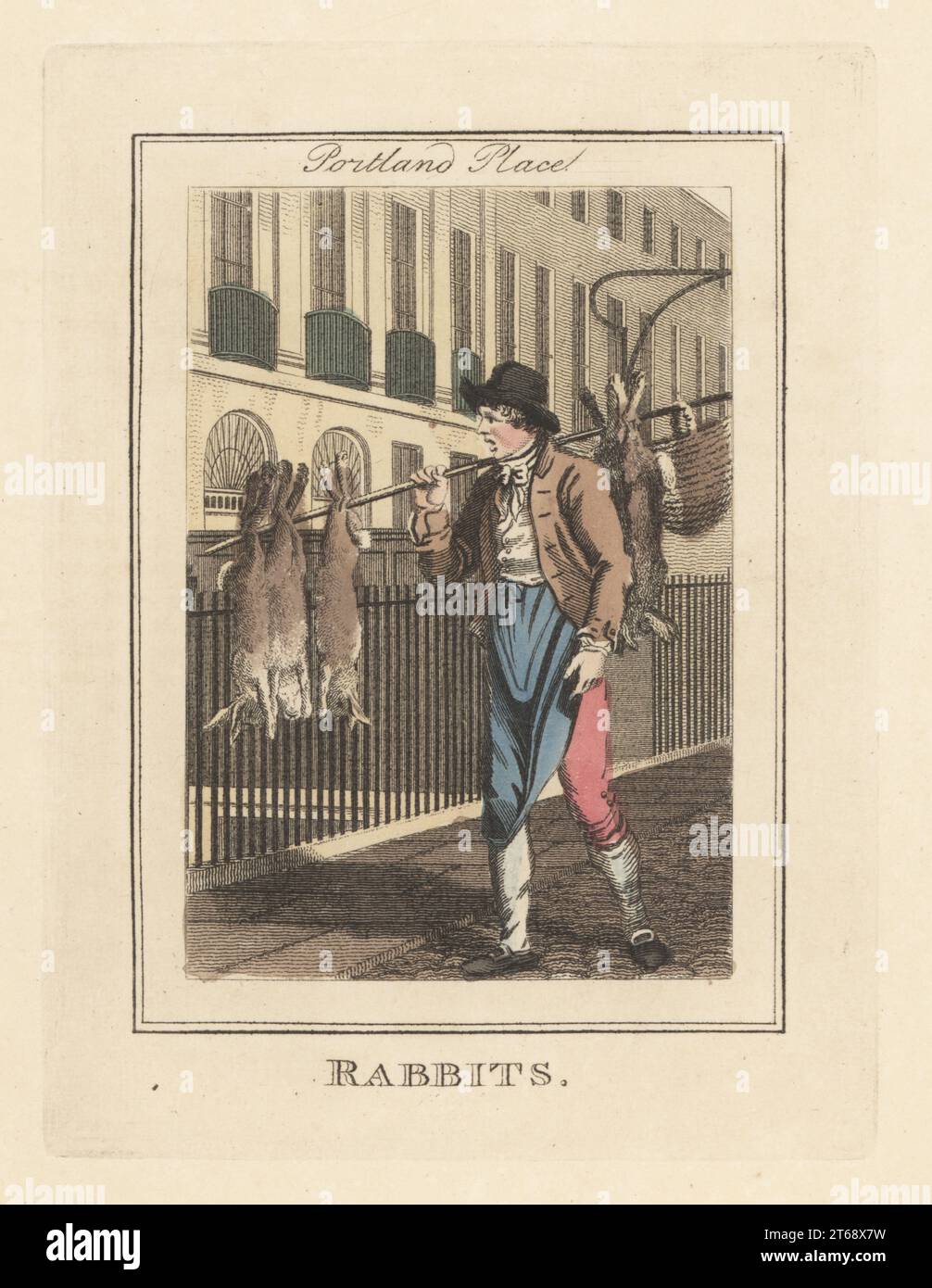 Rabbit-meat seller in Portland Place. In hat, jacket, waistcoat, apron and breeches, with wild and domesticated rabbits hanging from a pole. In front of the railings of the houses on Portland Place. Handcoloured copperplate engraving by Edward Edwards after an illustration by William Marshall Craig from Description of the Plates Representing the Itinerant Traders of London, Richard Phillips, No. 71 St Pauls Churchyard, London, 1805. Stock Photo