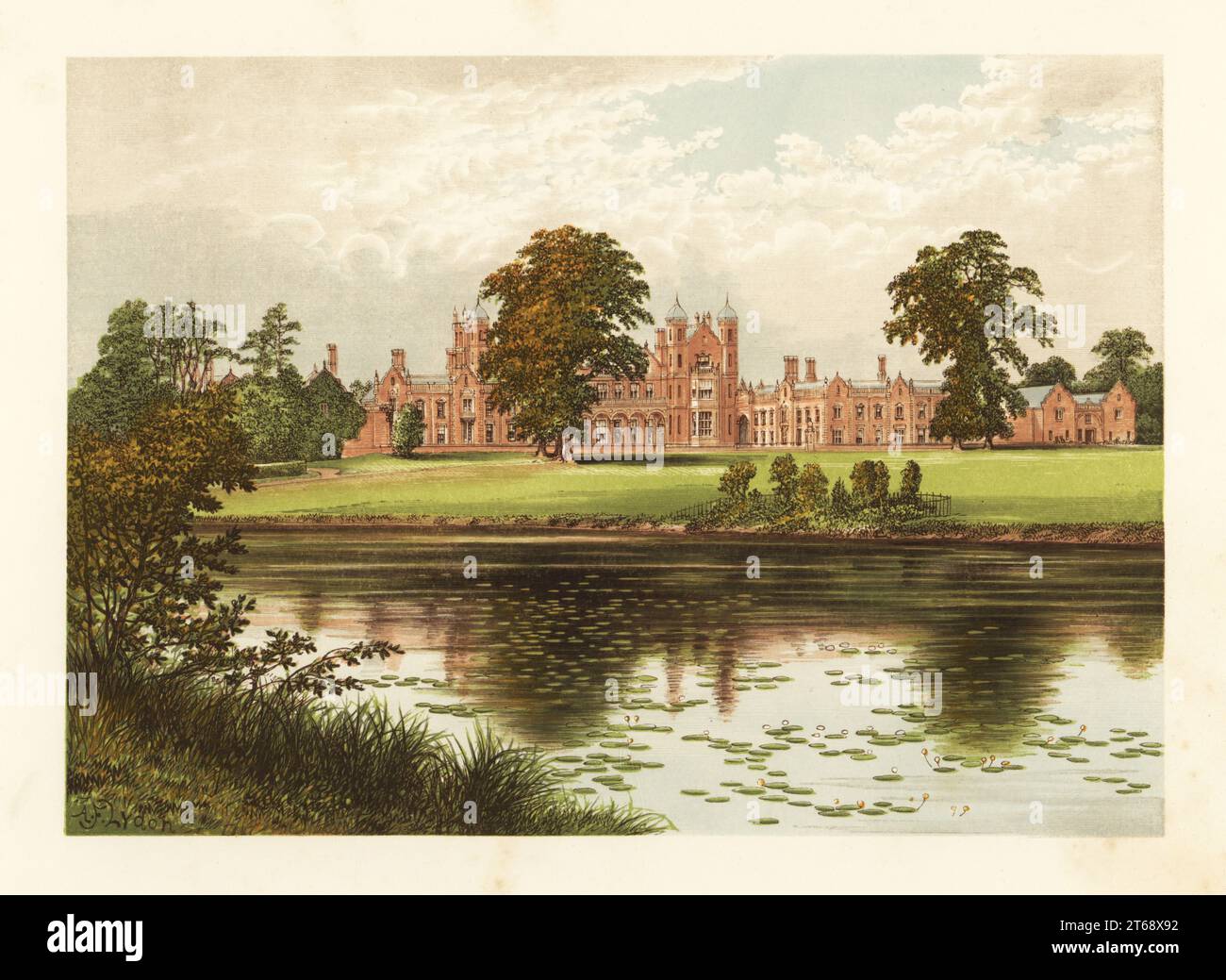 Capesthorne Hall, Cheshire, England. Neoclassical-style house in red brick built from designs by architect William Smith, remodelled with Jacobean style frontage in the 1830s by Edward Blore. Conservatory by Joseph Paxton. Home of Arthur Henry Davenport. Colour woodblock by Benjamin Fawcett in the Baxter process of an illustration by Alexander Francis Lydon from Reverend Francis Orpen Morriss Picturesque Views of the Seats of Noblemen and Gentlemen of Great Britain and Ireland, William Mackenzie, London, 1880. Stock Photo
