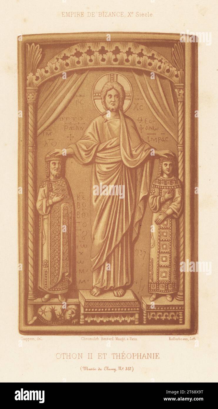 Holy Roman Emperor Otto II 955-983 and Byzantine Princess Theophanu 955-991 being crowned by Jesus Christ. Byzantine Empire, 10th century. Othon II et Theophanie, Empire de Bizance, Xe Siecle. Ivory book cover or part of diptych 337 in the Musee de Cluny. Chromolithograph by Franz Kellerhoven after an illustration by Claudius Joseph Ciappori from Charles Louandres Les Arts Somptuaires, The Sumptuary Arts, Hangard-Mauge, Paris, 1858. Stock Photo
