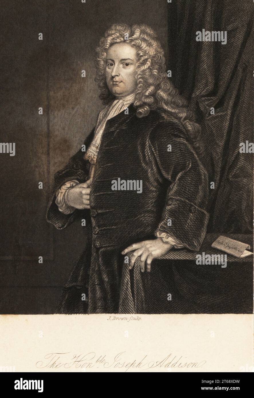 Portrait of the Honourable Joseph Addison, 1672-1719, English essayist, poet, playwright and politician. Steel engraving by J. Brown after a portrait by Sir Godfrey Kneller from The Life of Joseph Addison by Lucy Aikin, London, 1843. Stock Photo