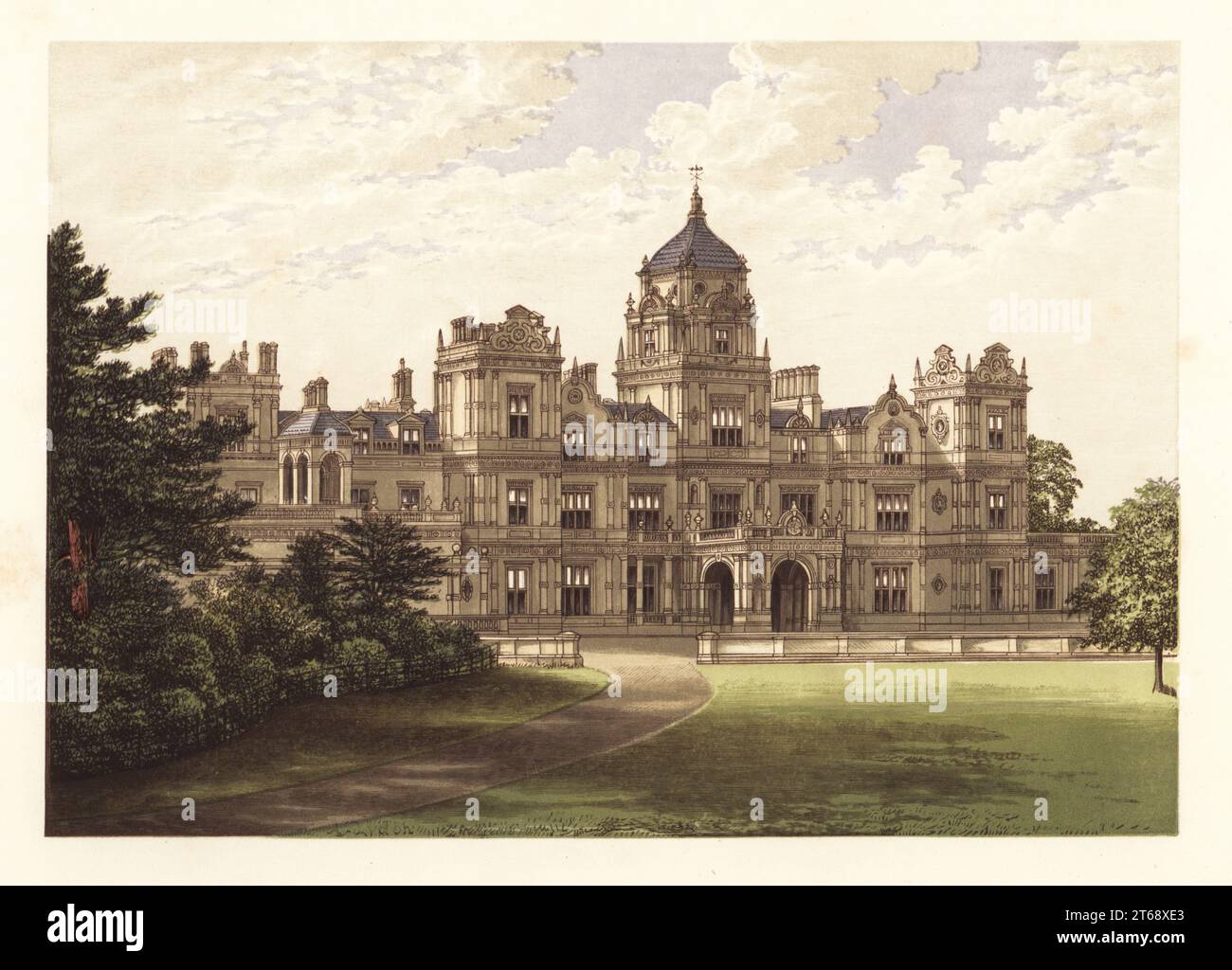 Westonbirt House, Gloucestershire, England. Mansion house designed by architect Lewis Vulliamy for owner Robert Stayner Holford in 1839. Colour woodblock by Benjamin Fawcett in the Baxter process of an illustration by Alexander Francis Lydon from Reverend Francis Orpen Morriss Picturesque Views of the Seats of Noblemen and Gentlemen of Great Britain and Ireland, William Mackenzie, London, 1880. Stock Photo