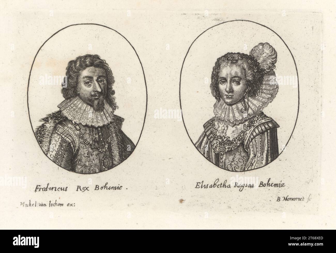 Frederick V, King of Bohemia, 1596-1632, and Elizabeth Stuart, Queen of Bohomia, 1596-1662. Fredericus Rex Bohemie, Elisabetha Regina Bohemia. From the rare print by Balthasar Moncornet published by Michel van Lochem. Copperplate engraving from Samuel Woodburns Gallery of Rare Portraits Consisting of Original Plates, George Jones, 102 St Martins Lane, London, 1816. Stock Photo