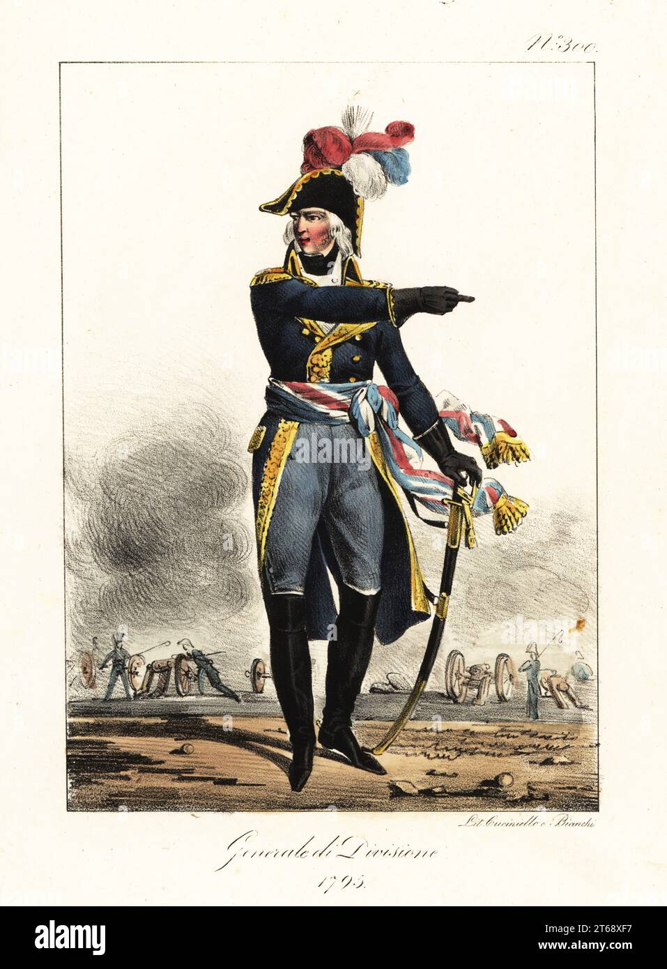 Uniform of a General in the French Revolutionary Army, 1795. He wears a bicorne with tricolor plumes, blue coat with gold epaulettes, cravat, tricolor sash belt, blue trousers, and boots. He issues orders to artillery gunners. General de Division. Handcoloured lithograph by Lorenzo Bianchi and Domenico Cuciniello after Hippolyte Lecomte from Costumi civili e militari della monarchia francese dal 1200 al 1820, Naples, 1825. Italian edition of Lecomtes Civilian and military costumes of the French monarchy from 1200 to 1820. Stock Photo