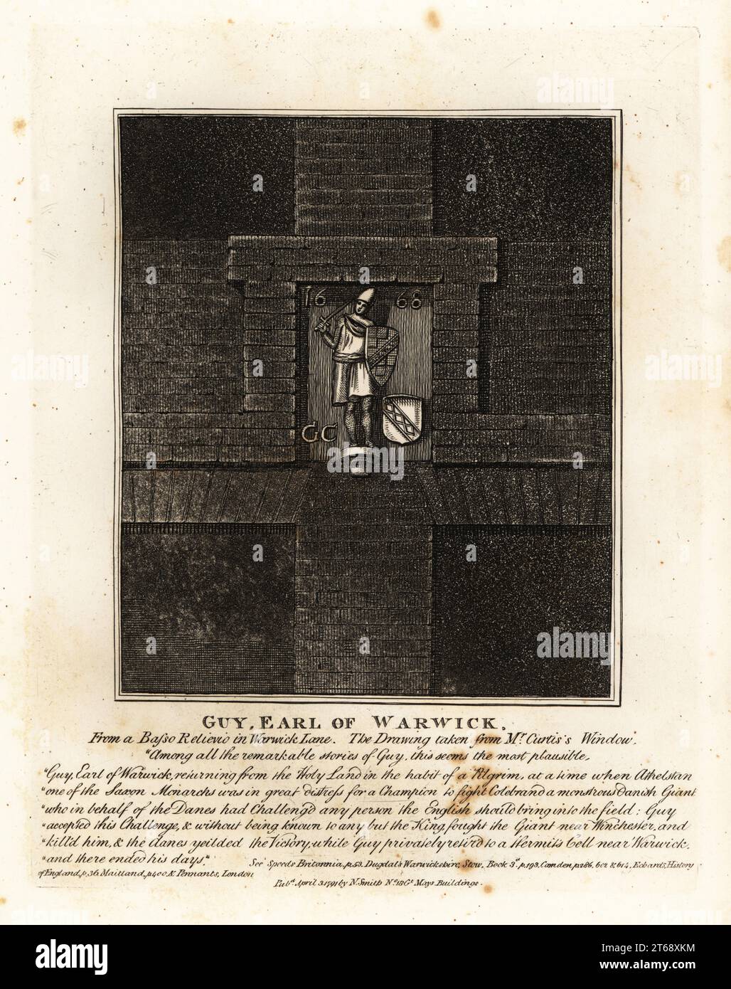Guy, Earl of Warwick, from a basso-relievio in Warwick Lane. Crusader hero killed the Danish champion, the giant Colbrand, for Athelstan of England. Copperplate engraving by John Thomas Smith after original drawings by members of the Society of Antiquaries from his J.T. Smiths Antiquities of London and its Environs, J. Sewell, R. Folder, J. Simco, London, 1791. Stock Photo