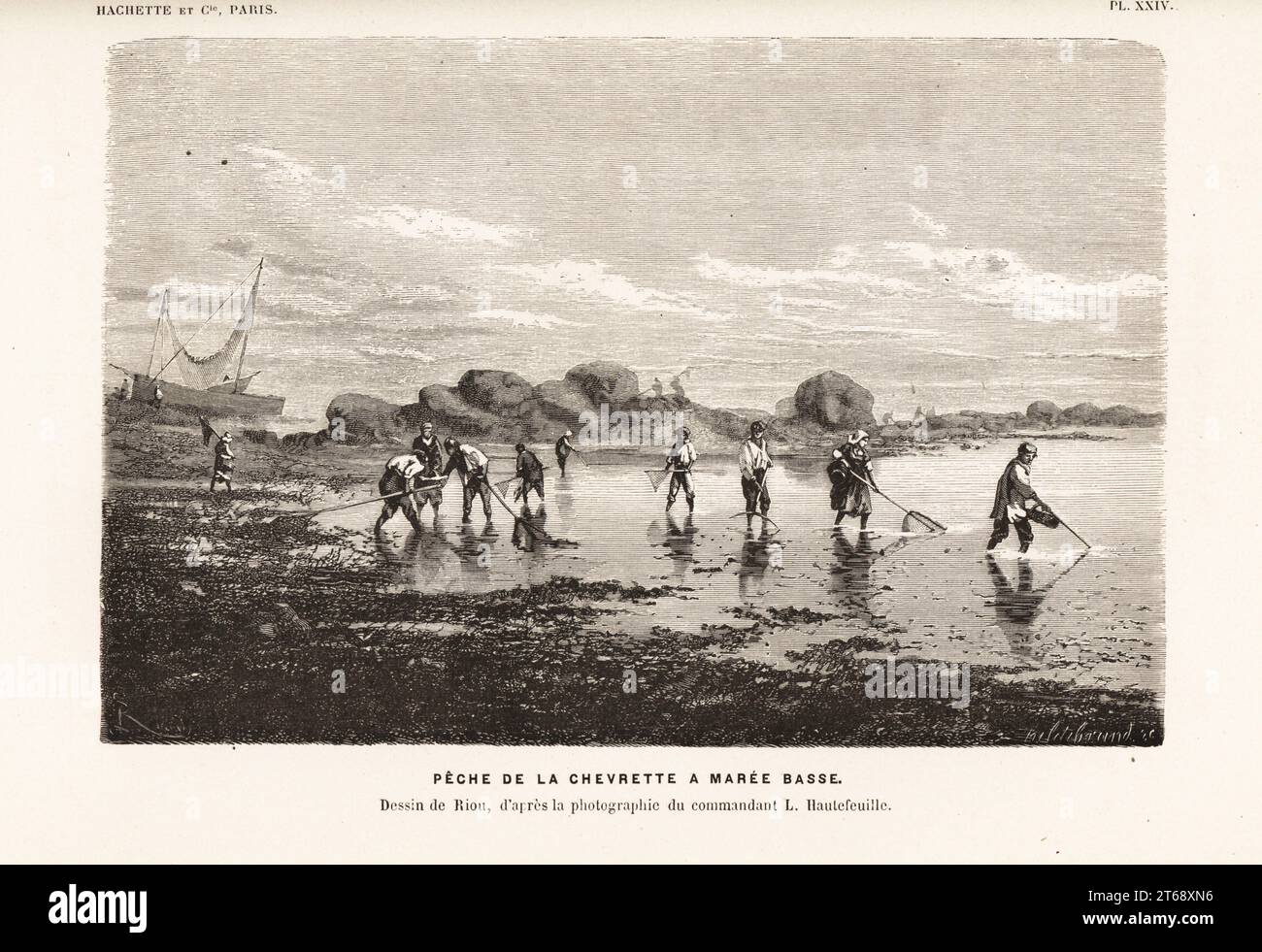 Shrimpers fishing for shrimps with nets at low tide. Peche de la chevrette a Maree Basse. Drawing by Edouard Riou after a photograph by L. Hautefeuille. Woodcut by Henri Hildibrand from Alfred Fredols Le Monde de la Mer, the World of the Sea, edited by Olivier Fredol, Librairie Hachette et. Cie., Paris, 1881. Alfred Fredol was the pseudonym of French zoologist and botanist Alfred Moquin-Tandon, 1804-1863. Stock Photo