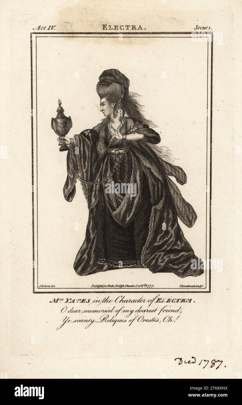 Mrs Mary Ann Yates in the character of Electra in Thomas Francklins Orestes or Electra at Drury Lane Theatre, 1774. Copperplate engraving by J. Thornthwaite after an illustration by James Roberts from Bells British Theatre, Consisting of the most esteemed English Plays, John Bell, London, 1777. Stock Photo