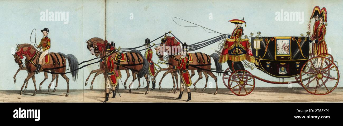 First Carriage of the Royal Household in Queen Victorias coronation parade. Two Pages of Honour, James Charles M. Covell Esq. and George A. Cavendish Esq., Two Gentlemen Ushers, Major Beresford and Captain Green. Attended by liveried grooms and valets, drawn by six bay horses. Handcoloured aquatint engraving from Fores' Correct Representation of the State Procession on the Occasion of the August Ceremony of Her Majesty's Coronation, June 28th 1838, published by Fores, Sporting and Fine Print Repository, Piccadilly, London, 1838. Stock Photo