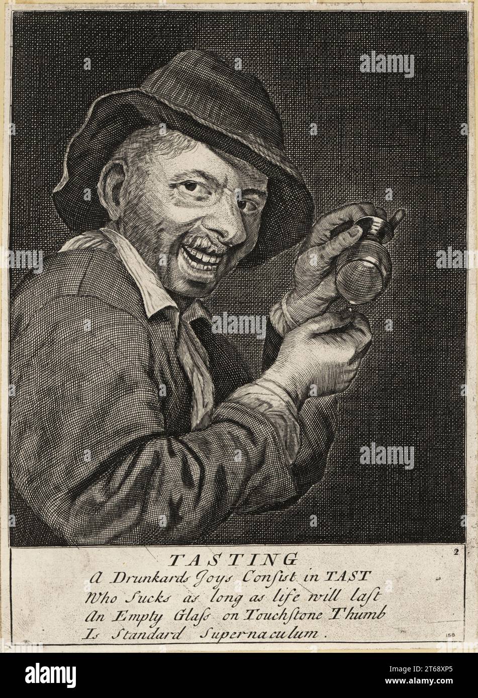 17th century English drunk playing a drinking game. He must drink more if the last drop from an empty glass covers the edge of his fingernail. Tasting. A drunkards joys consist in tast, Who sucks as long as life will last. An empty glass on touchstone thumb, Is standard supernaculum. Possibly from an original print in The merry conceited five senses, Robert Walton, 1661. Copperplate engraving by David Deuchar from A Collection of Etchings after the most Eminent Masters of the Dutch and Flemish Schools, Edinburgh, 1803. Stock Photo