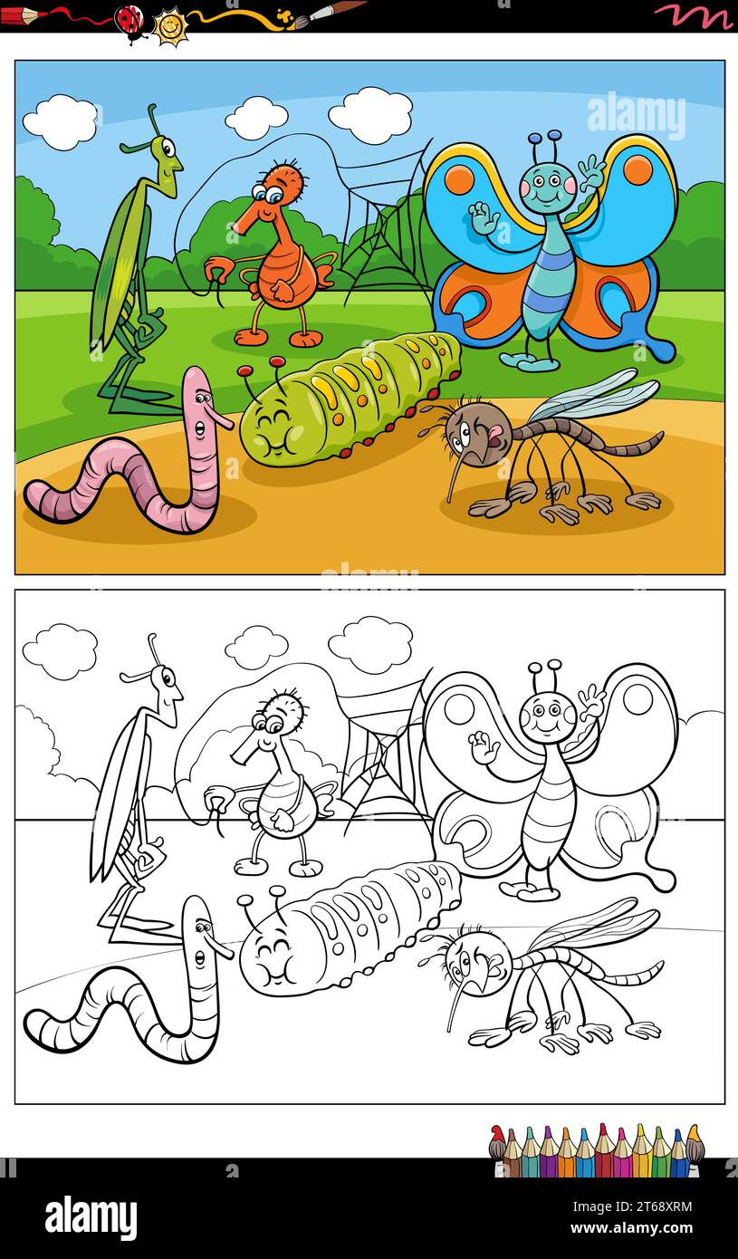 Cartoon illustrations of funny insects animal characters group coloring page Stock Vector