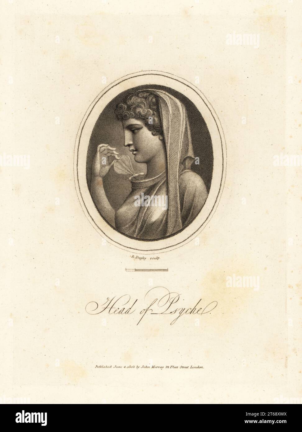 Head of Psyche, Greek goddess of the soul, holding a butterfly on her throat. From a cast engraved on cornelian in Tassie's collection. Copperplate engraving drawn and engraved by Richard Dagley from Gems, Selected from the Antique, with Illustrations, John Murray, London, 1804. Stock Photo