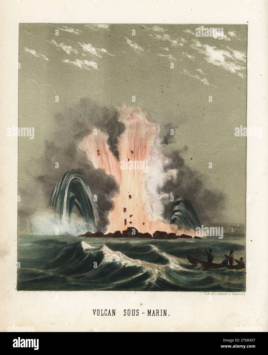 Submarine volcanic eruption. Tourists in rowboats watching an explosive eruption. Volcan sous-marin. Handcolored lithograph by Emile Lemaitre from Munerelles Les Phenomenes et Curiosites de la Nature (Natural Phenomena and Curiosities), Libraire Derivaux, Strasbourg, 1856. Stock Photo