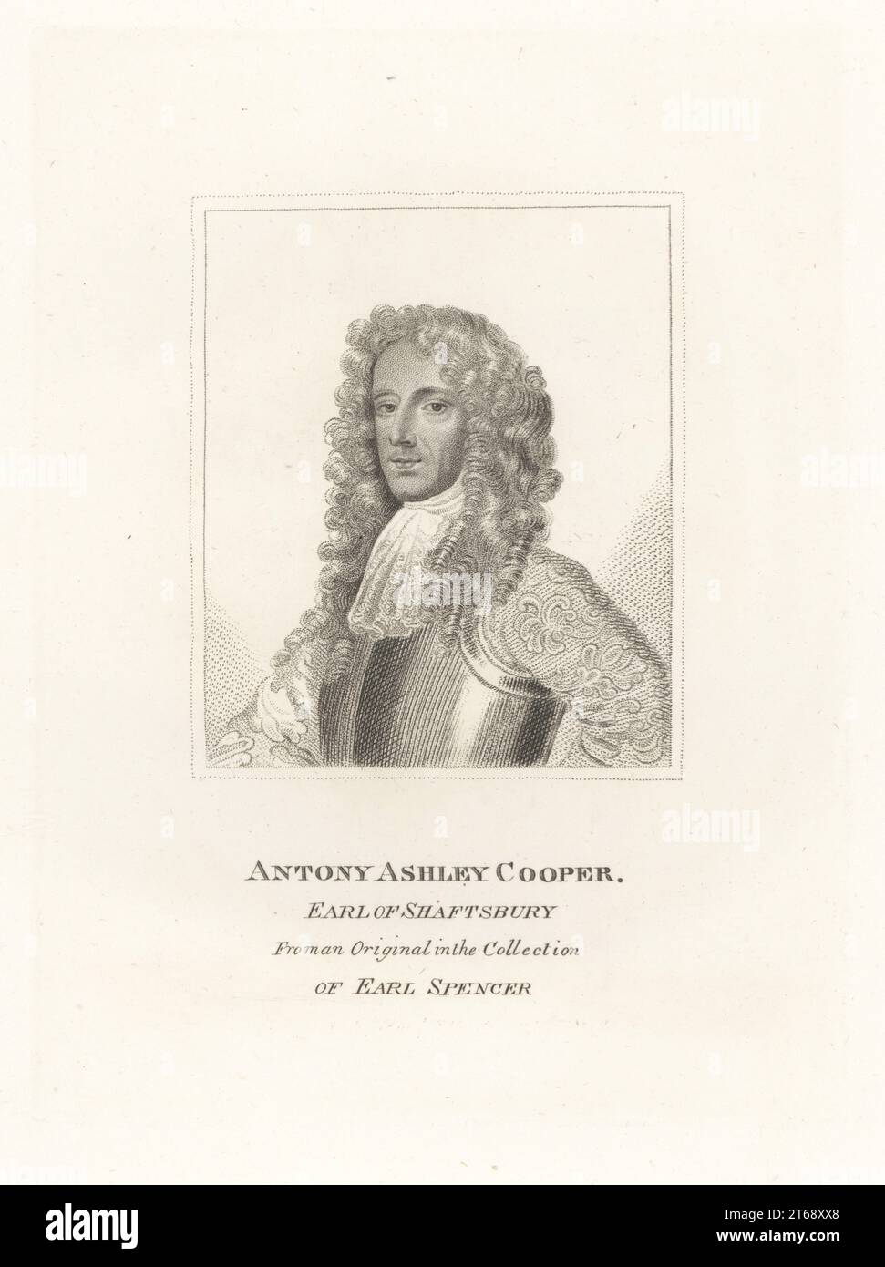 Antony Ashley Cooper, Earl of Shaftesbury, 1621-1683. English Whig politician during the Interregnum and the reign of King Charles II. In long wig, cravatte, breastplate and brocade doublet. From an original in the collection of Earl Spencer. Copperplate engraving from Samuel Woodburns Gallery of Rare Portraits Consisting of Original Plates, George Jones, 102 St Martins Lane, London, 1816. Stock Photo