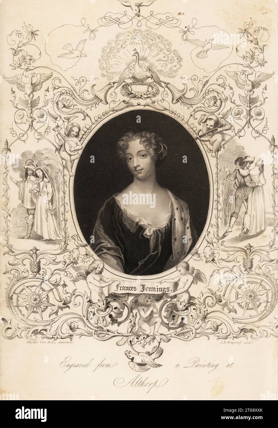 Frances Jennings, Countess of Tyrconnell, maid of honour to the Duchess of York, married to George Hamilton and later Richard Talbot, Earl of Tyrconell, famous beauty at court, 1649-1731. Steel engraving by Charles Edward Wagstaff, with ornate decoration by Theodor von Holst, after an original portrait in the possession of Earl Spencer at Althorp from Mrs Anna Jamesons Memoirs of the Beauties of the Court of King Charles the Second, Henry Coburn, London, 1838. Stock Photo