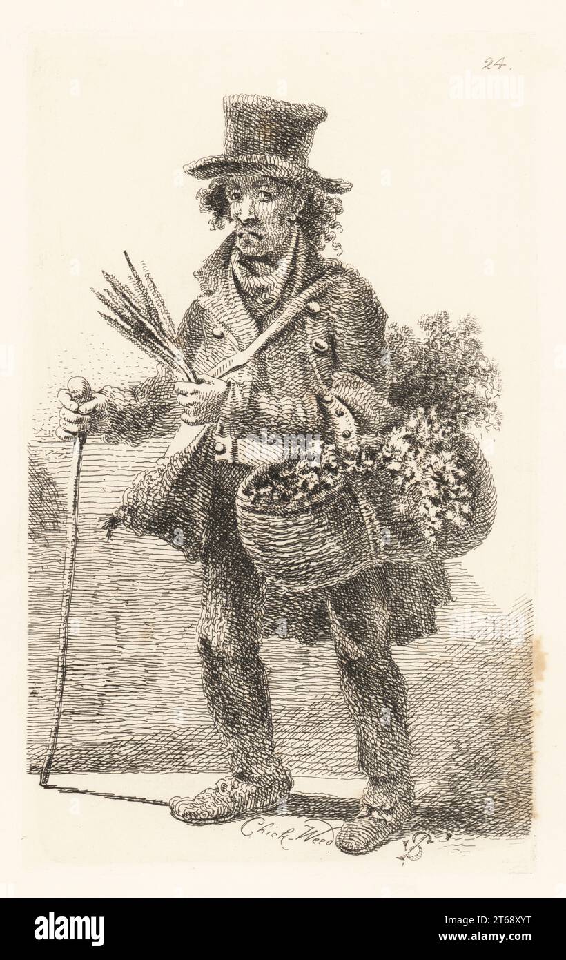 George Smith, a rheumatic brush-seller who switched to selling birdseed. In top hat and great coat, trews and shoes, with a basket of weeds and seeds. Songbirds were popular pets at the time. Chickweed and Groundsel. Copperplate engraving drawn from life and engraved by John Thomas Smith from his own The Cries of London, or Vagabondiana 2, edited by Francis Douce, John Bowyer Nichols, London, 1839. Stock Photo