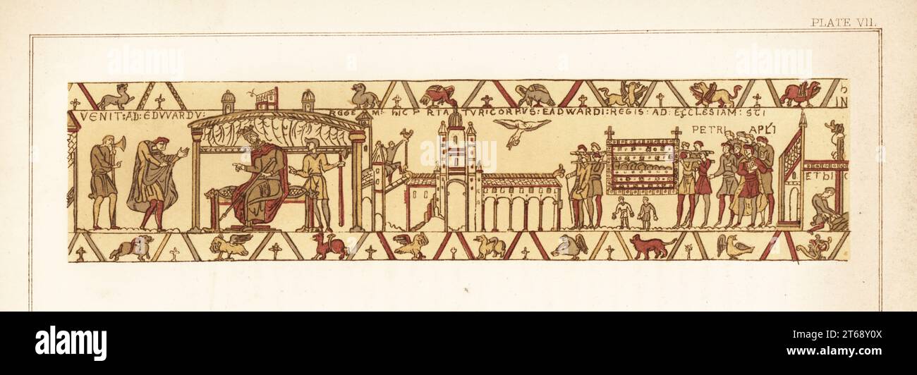 Harold Godwinson meeting King Edward the Confessor of England. King Edwards funeral procession on a bier to his tomb in St Peters at Westminster, 1066. Chromolithograph by William Mossman after an illustration by Charles Stothard made for the Society of Antiquaries in Rev. John Collingwood Bruces The Bayeux Tapestry Elucidated, John Russell Smith, London, 1856. Stock Photo