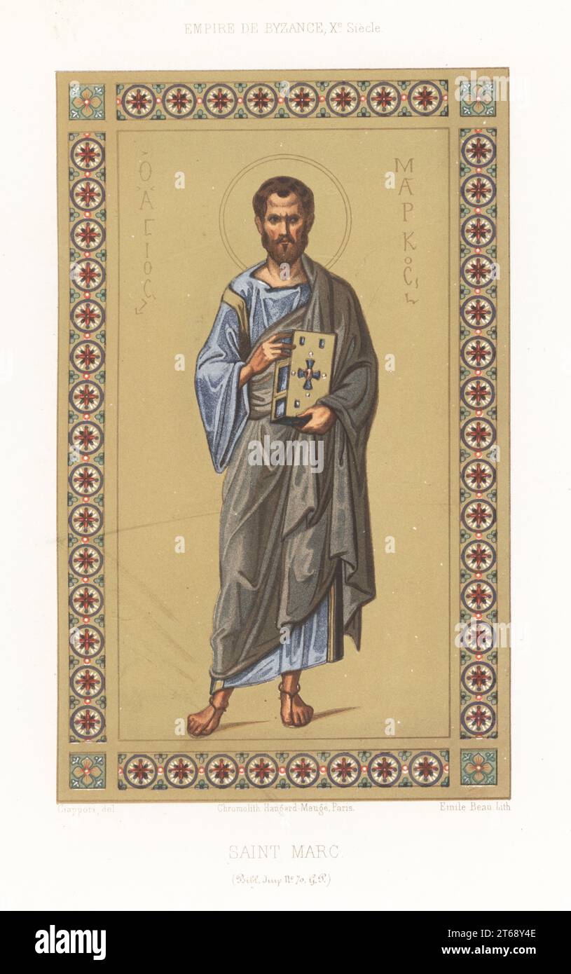 Saint Mark, Byzantine Empire, 10th century. In halo, blue tunic with gold clavus or stripe under a pallium, holding the Gospels. Saint Marc, Empire de Byzance, Xe Siecle. From MS 70 G, Bibliotheque Imperiale. Chromolithograph by Emile Beau after an illustration by Claudius Joseph Ciappori from Charles Louandres Les Arts Somptuaires, The Sumptuary Arts, Hangard-Mauge, Paris, 1858. Stock Photo