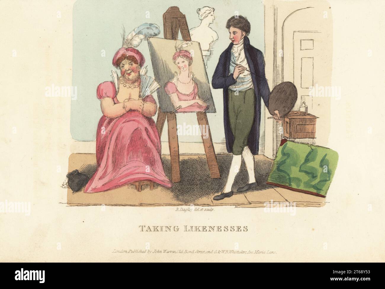 English society portraitist and his client, Regency era. Tom Takeall painting a flattering portrait of Mrs Bosky in Margate. Tom with palette and brush in a studio with easel, bust and portfolio. Taking Likenesses. Handcoloured copperplate engraving drawn and engraved by Richard Dagley from Takings, or the Life of A Collegian, John Warren, London, 1821. Stock Photo