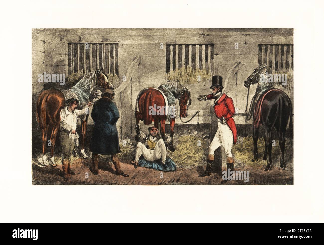 A drunken gentleman tries to put a race-horses hind feet in his dressing-gown pockets in the stables. A trainer and other gentlemen watch in horror. The Oaks filly. Chromolithographic facsimile of an illustration by Henry Thomas Alken from Memoirs of the Life of the Late John Mytton by Nimrod aka Charles James Apperley, Kegan Paul, London, 1900. Stock Photo