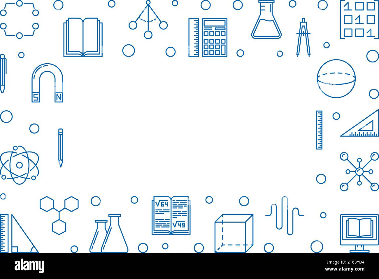 STEM learning blue horizontal frame on white background. Vector science concept illustration in thin line style Stock Vector