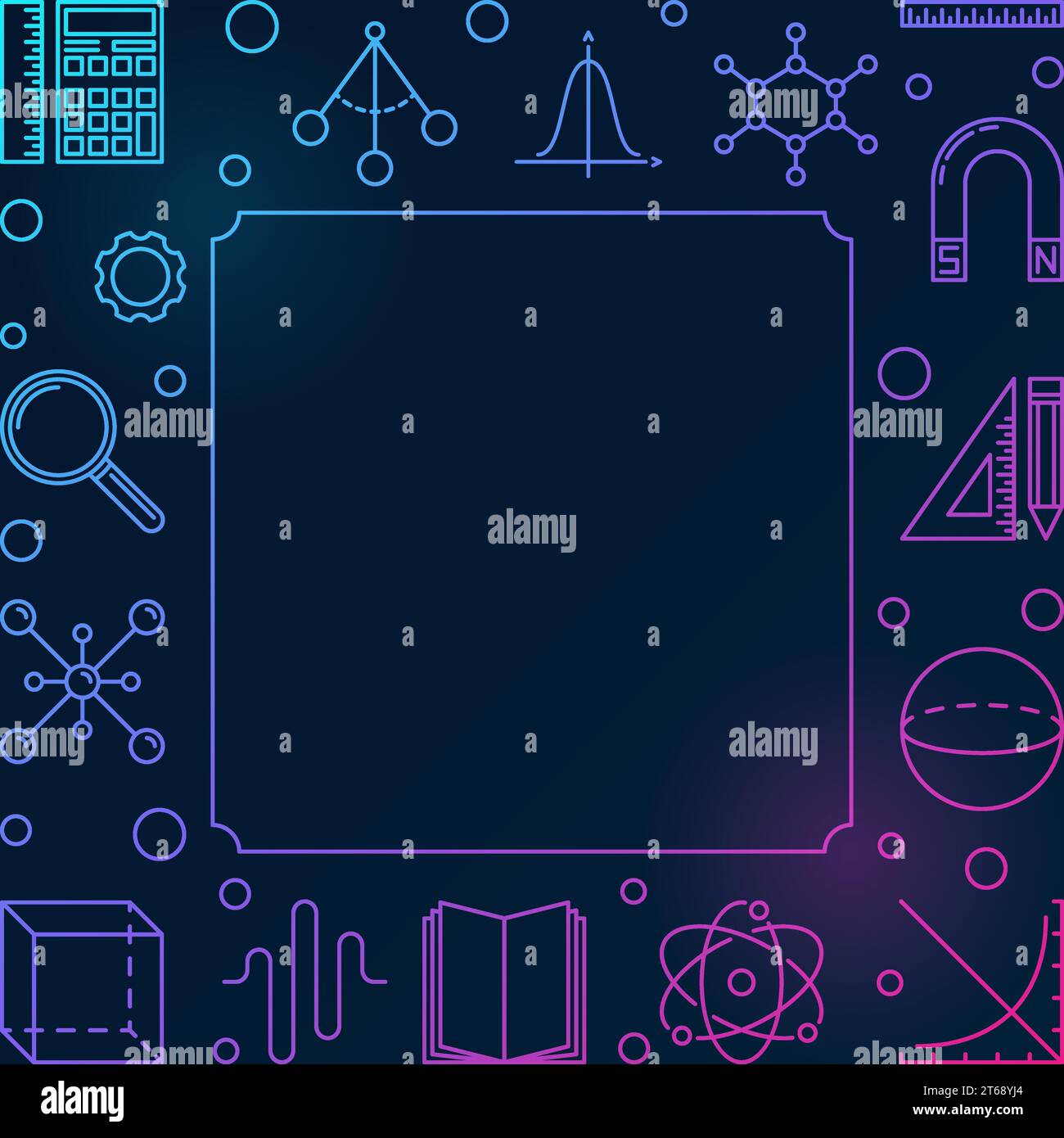 Science, Technology, Engineering and Mathematics square colored frame. Vector STEM creative illustration in outline style on dark background Stock Vector