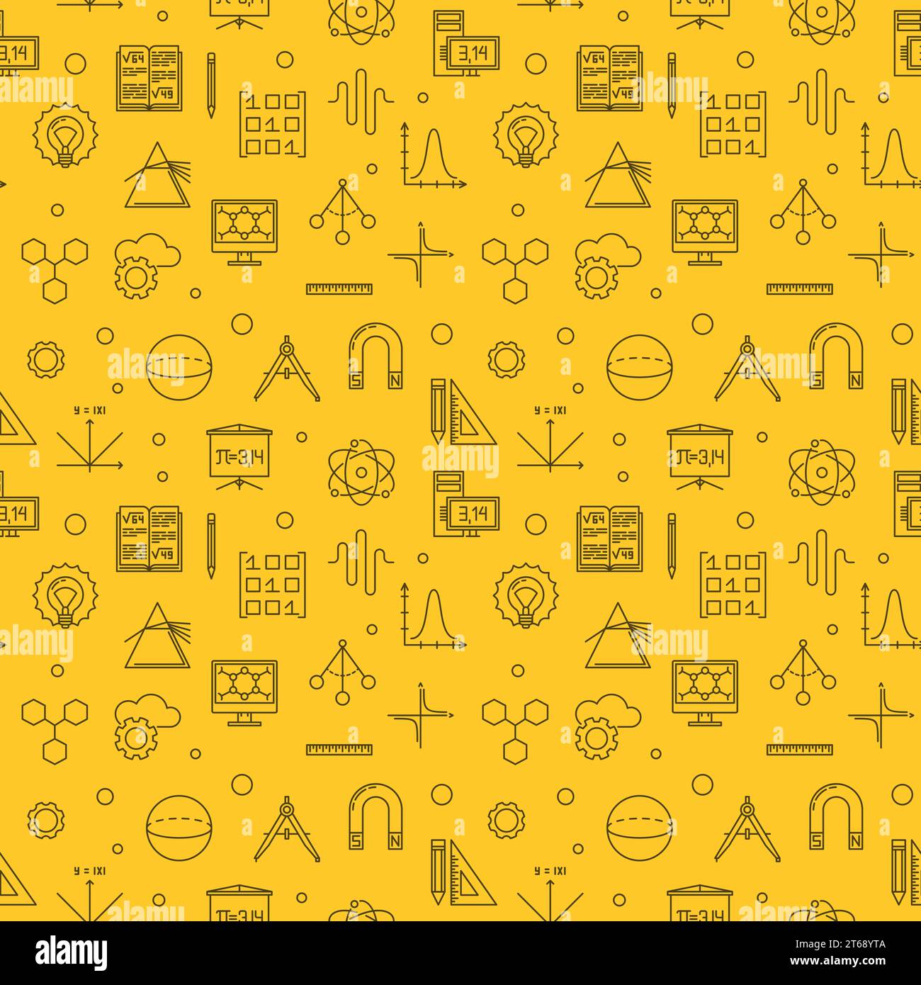 Science, Technology, Engineering and Mathematics seamless vector linear pattern on yellow background Stock Vector