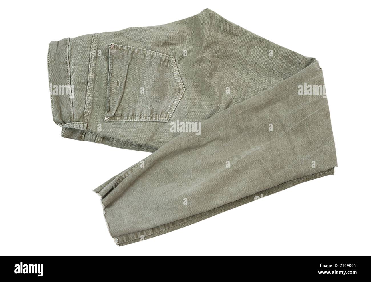 Folded khaki pants on white background top view, fashion, style concept ...
