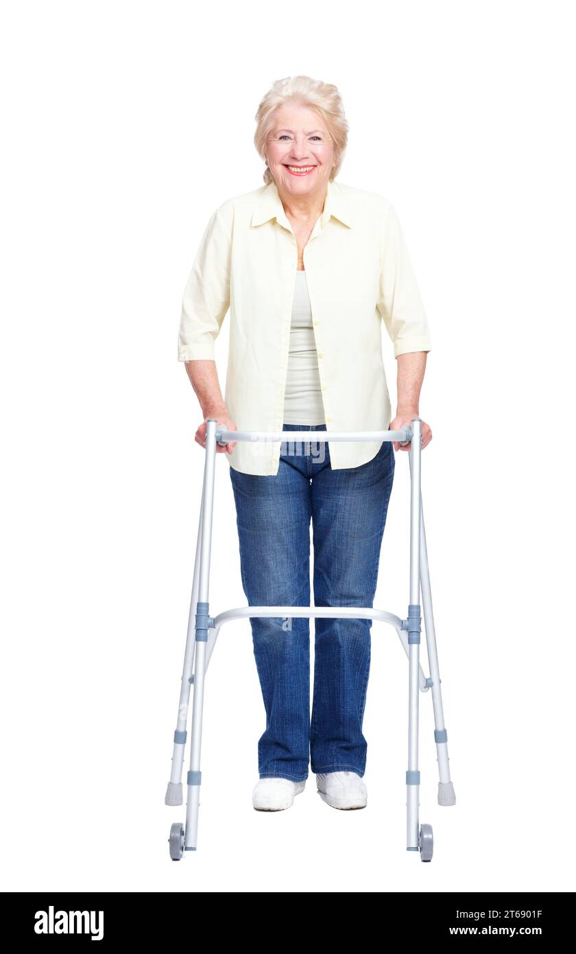 Appreciating the assistance her walker affords. Fulllength of a