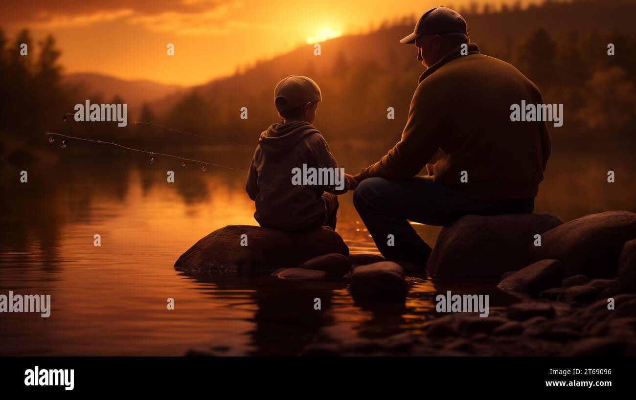 A father and son bonding moment at the lake as the sun sets Stock Photo