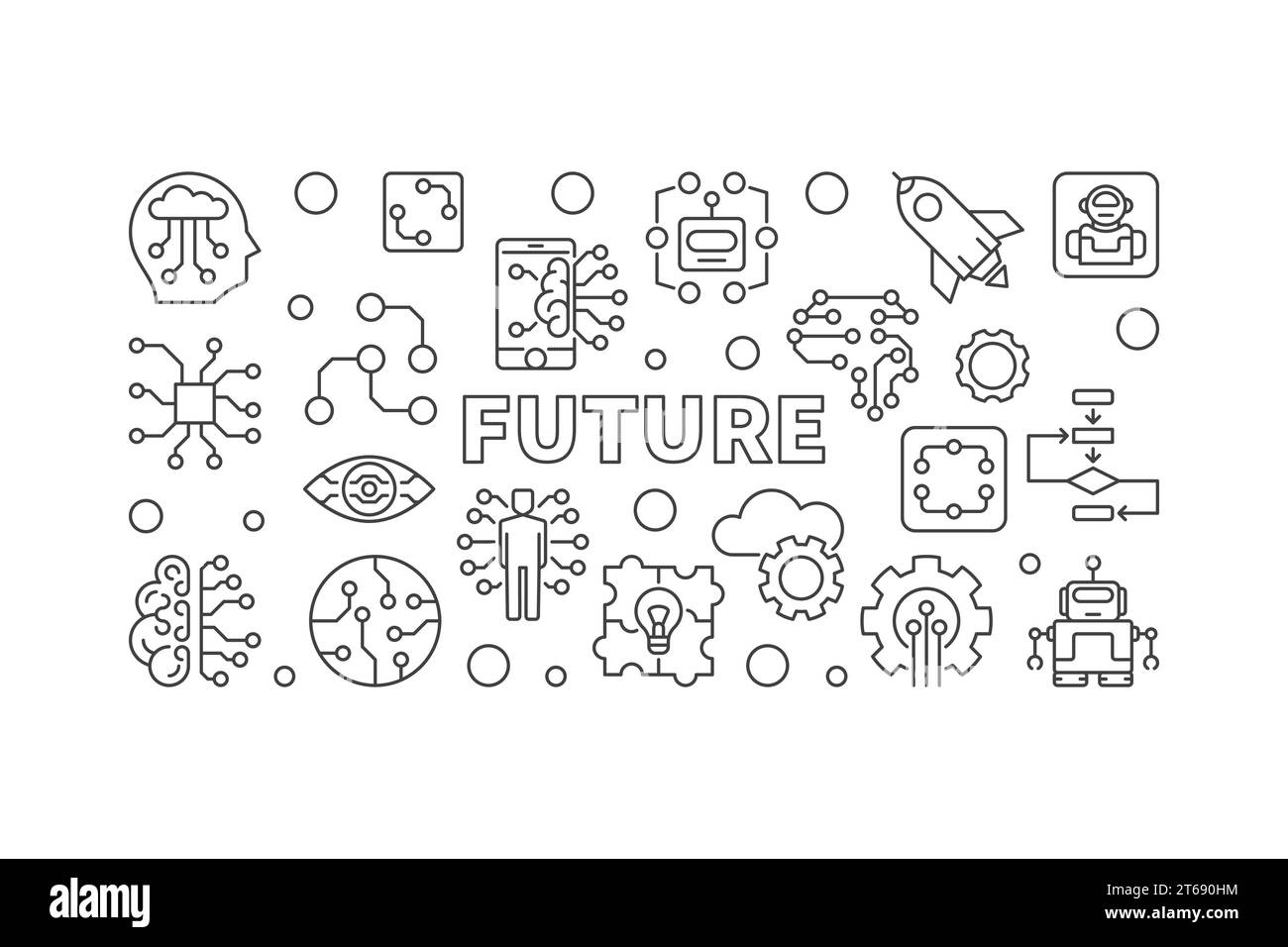 Future vector illustration in thin line style. AI and innovation concept horizontal banner Stock Vector