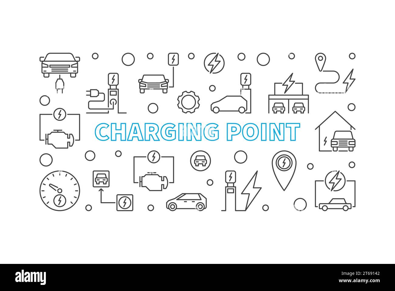 Charging point simple illustration in thin line style. Vector EV charge point concept horizontal banner Stock Vector