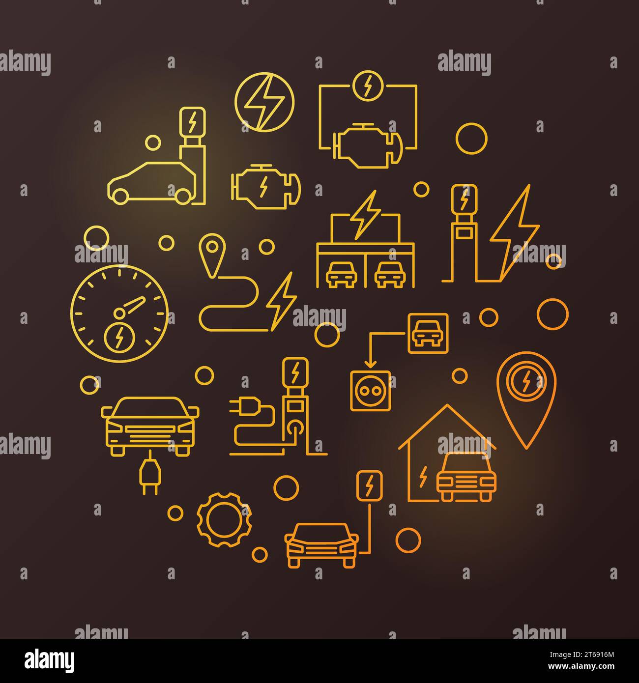 Charging stations and electric cars round vector golden illustration in outline style on dark background Stock Vector