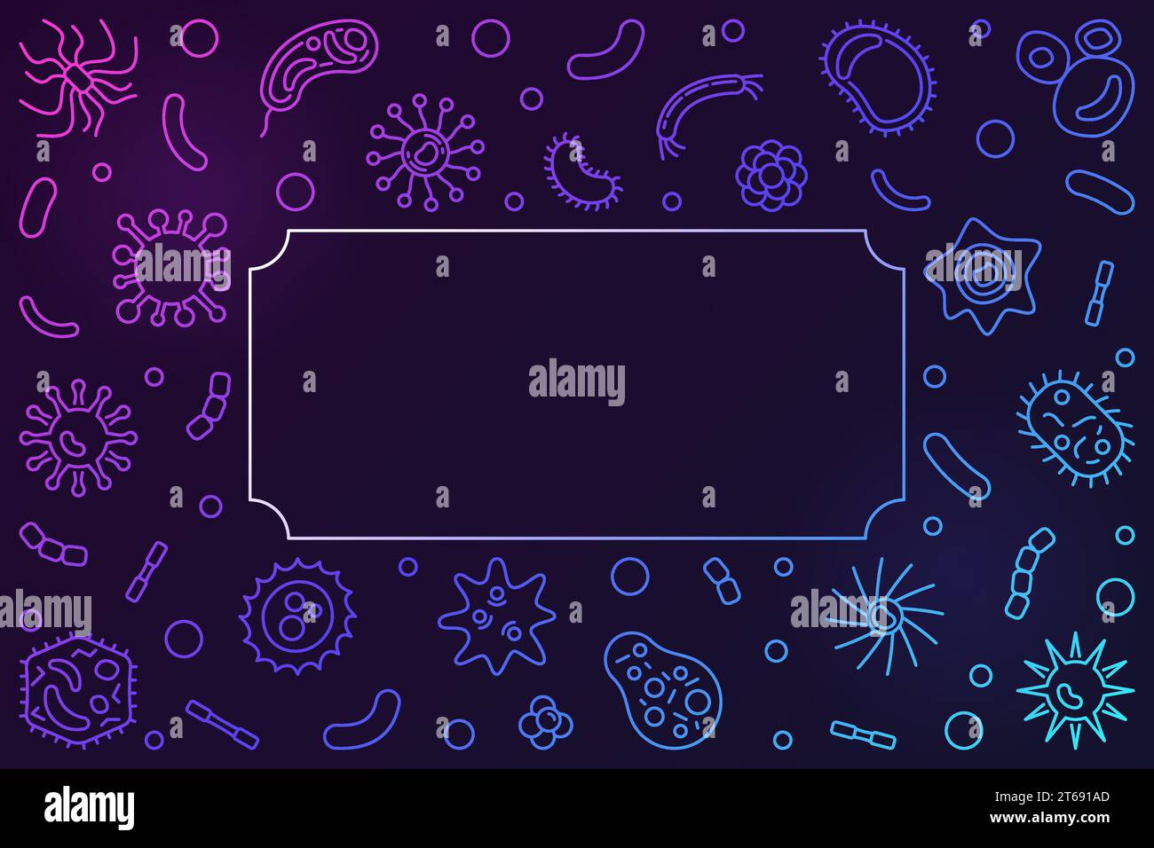 Bacteria and Viruses colored horizontal background - vector frame with microorganisms outline icons Stock Vector