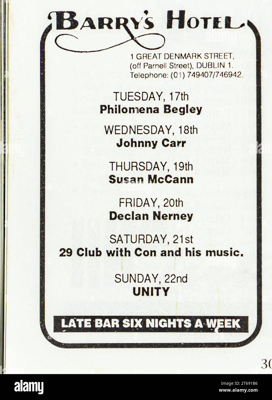 An advertisement for Barry’s Hotel in Dublin, Ireland for September 1991 mentioning forthcoming acts including Philomena Begley, Johnny Carr, Susan McCann and Declan Nerney. Stock Photo