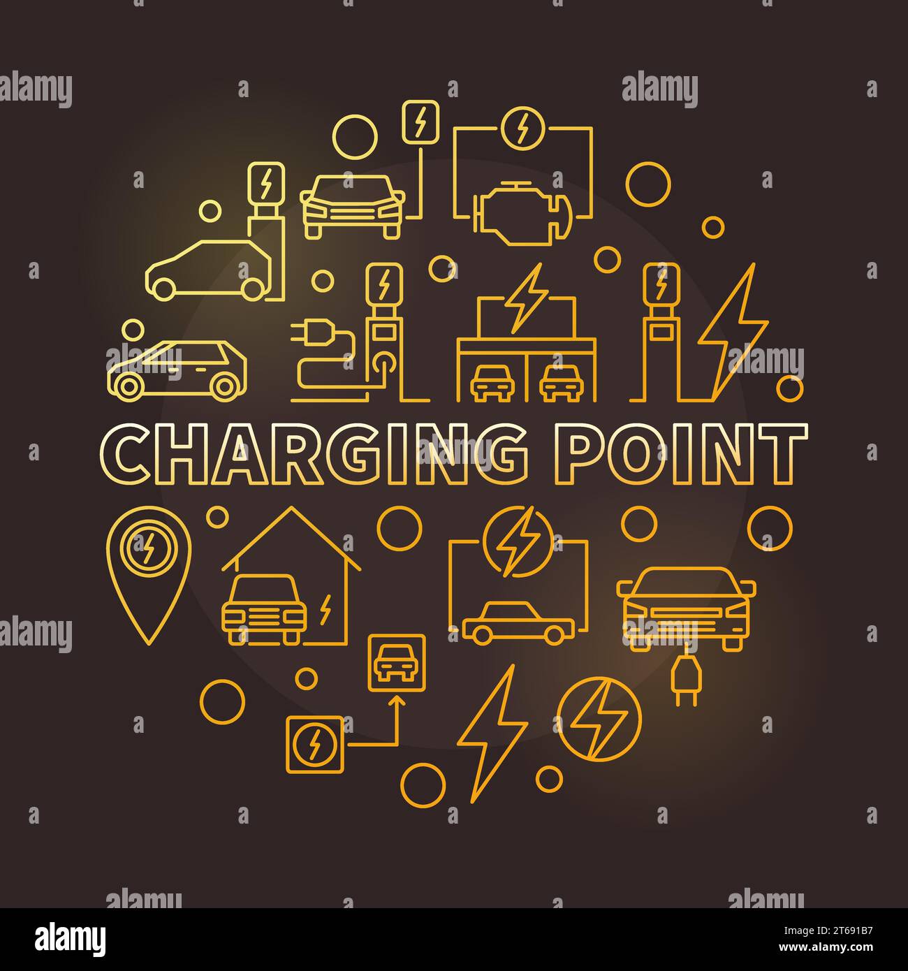 Charging point round vector golden illustration made with charging stations and electric cars outline icons on dark background Stock Vector